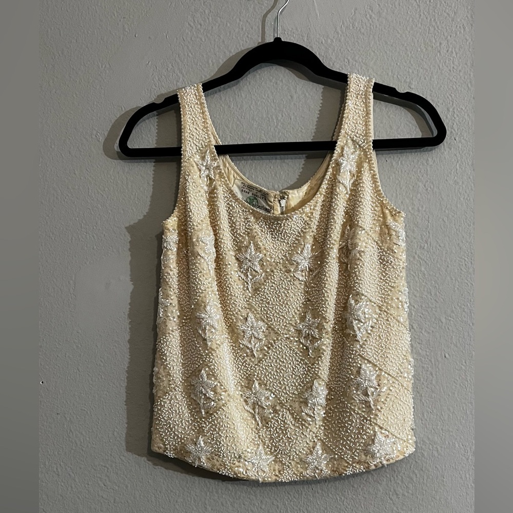 White Beaded Gene Shelly Top with Sequins